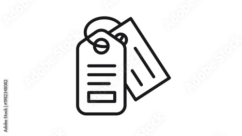 Konstfotografi Minimalist black line vector icon illustration of two hanging price tags or product labels connected by a string, symbolizing retail, shopping, discounts, sales, and pricing information