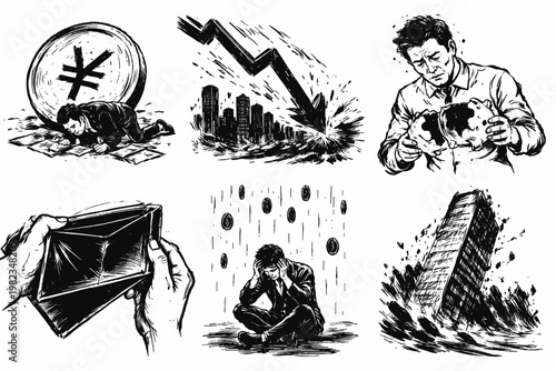 Financial Crisis and Money Loss Icon Set Market Crash Stress and Economic Downturn Sketch Collection