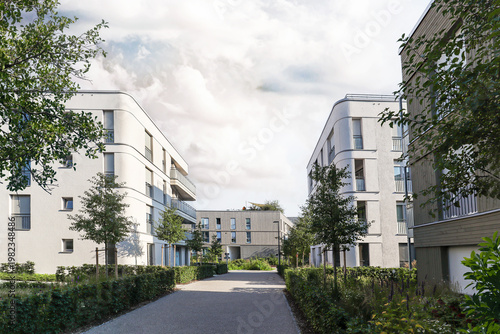 Cityscape of a residential area with modern sustainable apartment buildings, new green urban landscape in the city