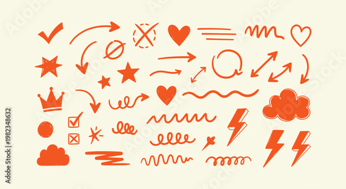 Hand Drawn Doodle Elements Collection with Arrows Hearts Stars Crowns and Scribbles Orange Vector