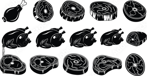 Set of Meat Product Silhouettes Featuring Beef Steaks Pork Chops Whole Raw Chicken and Drumsticks for Butchery Shop Menu Design and Grocery Illustration