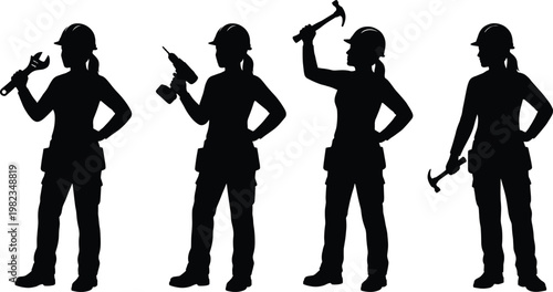 Set of professional female construction worker silhouettes wearing hard hats and tool belts while using a wrench, hammer, and power drill