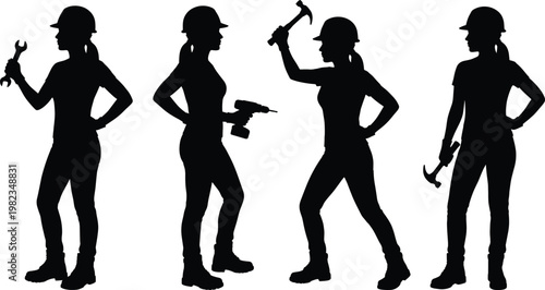 Set of professional female construction worker silhouettes wearing hard hats while actively using a wrench, hammer, and power drill for home repairs