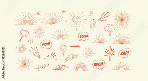Vintage Orange Sunburst Boom Pow Zap Speech Bubbles and Comic Style Vector Graphic Design Elements