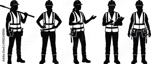 Set of professional female construction worker silhouettes wearing high visibility safety vests, hard hats, and tool belts for industrial site inspection