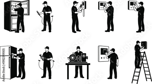 Set of professional technician silhouettes repairing refrigerators and electrical panels for home maintenance and industrial service repair work concepts
