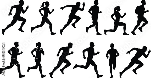 Set of running people silhouettes, men and women jogging in various poses, marathon athletes sprinting and exercising on white background