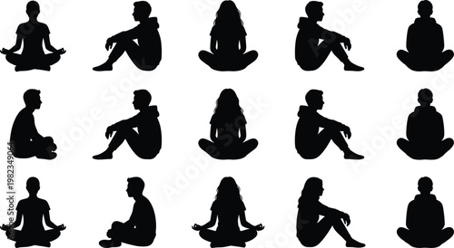 Set of silhouette people sitting in yoga poses and meditation positions with casual men and women isolated on white background for design