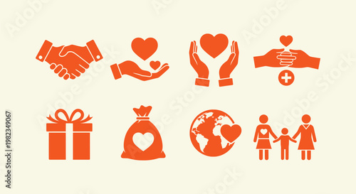 Orange Flat Vector Icon Set for Charity Donation Volunteer Social Support and Community Kindness