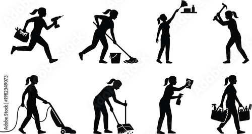 Set of silhouettes showing a hardworking woman performing various household chores, professional cleaning services, DIY home repairs, and maintenance tasks