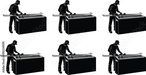 Set of Silhouettes Featuring a Technician Waxing and Tuning Skis on a Professional Workbench for Winter Sports Maintenance and Equipment Care