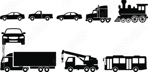 Set of transportation and vehicle icons featuring car pickup truck semi trailer train locomotive bus crane and delivery truck black silhouettes