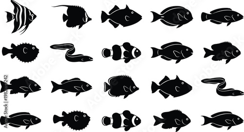 Set of Tropical Sea Fish Silhouettes Including Clownfish Angelfish and Pufferfish for Aquarium Marine Life Exploration and Underwater Nature Decoration Graphic Design