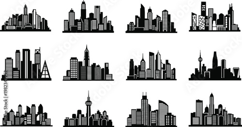 Set of various city skyline silhouettes featuring skyscrapers and urban buildings isolated on white background for architectural and travel design