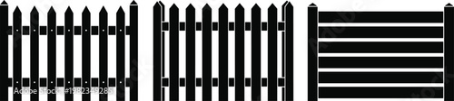Set of wooden fence silhouettes with different picket styles and horizontal boards on white background for garden boundary and home security illustrations