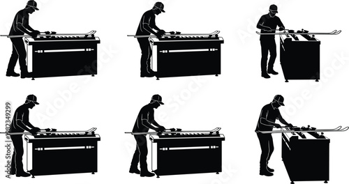 Set of worker silhouettes tuning and waxing skis on professional maintenance table for winter sports equipment service and repair shop vector