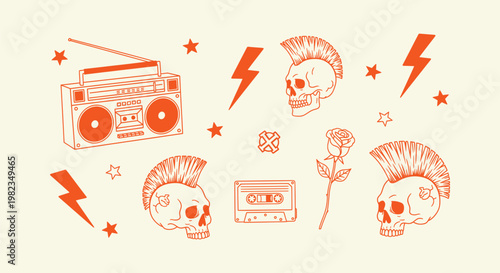 Punk Rock Illustration Set with Mohawk Skull Boombox Cassette Tape Rose Lightning Bolt and Stars