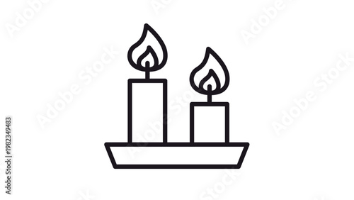 Minimalist black outline vector icon of two burning candles on a tray. Elegant illustration of lit wax candles for spa, meditation, memorial, or home decor. Scalable graphic symbol for design.