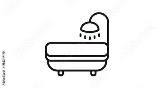 Bathtub with shower head vector icon, minimalist black line art illustration of a bathroom fixture for hygiene, self-care, and home interior design, scalable graphic symbol on white background.