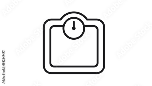 Minimalist black line vector icon of a bathroom weighing scale, symbol for weight loss, health, fitness, and body measurement, isolated on white background, scalable graphic illustration.