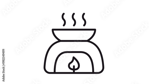 Aroma lamp vector icon illustration for aromatherapy and home fragrance. Minimalist black line art of an essential oil burner with a candle flame and rising steam for spa and wellness branding.