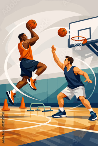 Athletes practicing basketball jump shot and defense on indoor court