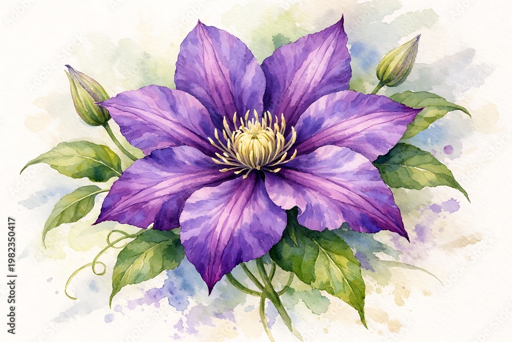 Obraz premium Purple clematis blossom with green leaves and buds watercolor painting purple flower buds