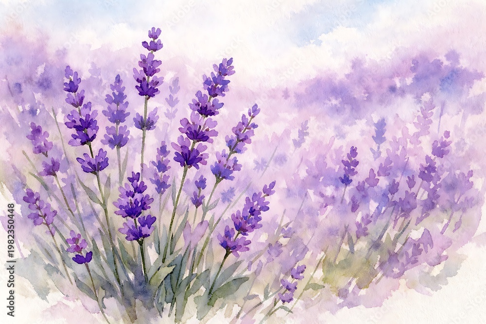 Fototapeta premium Purple lavender flowers in a field watercolor painting purple flowers floral