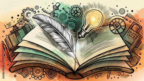 Ancient book with feathers and coins symbolizing knowledge and wealth