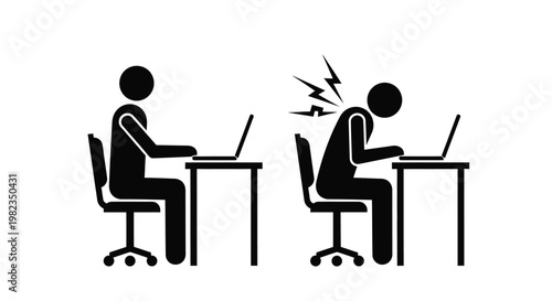Illustrating correct and incorrect ergonomic posture at a computer desk, highlighting the importance of good spinal health