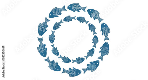Multiple blue fish swimming in a circular formation to create a simple and decorative artistic graphic pattern