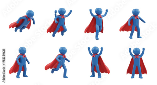 Blue 3D superhero figures in red capes displaying strength, success, and various dynamic actions, isolated on white.