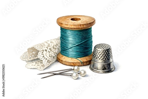 Teal thread spool with sewing tools and lace wooden spool thimble sewing needles pearls