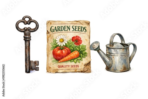 Vintage garden tools and seed packet with vegetables flowers seeds