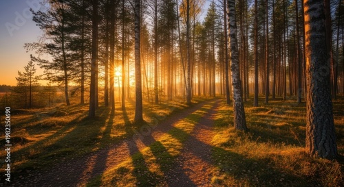 Forest pathway with sunlight illuminating trees at sunset or sunrise