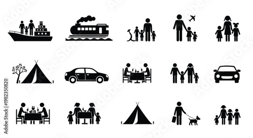 Black silhouette icons depicting families traveling by vehicles or camping together with pets on white background