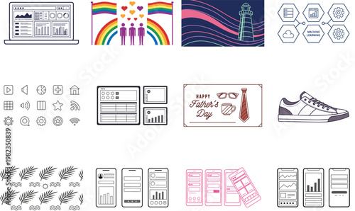 Set of modern linear featuring data dashboards, pride symbols, and mobile app interfaces