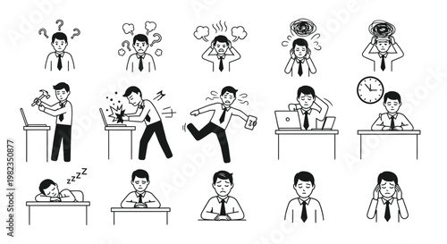 Collection of line art icons depicting a businessman experiencing various stages of work-related stress and frustration.