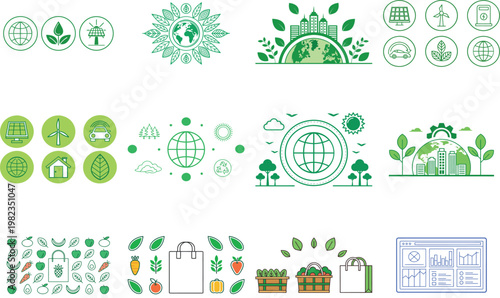 Environmental and sustainability featuring green energy, earth, and eco-friendly shopping