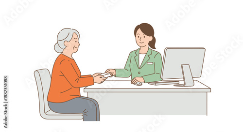 Elderly customer is handing over a card to a helpful bank clerk across the counter.