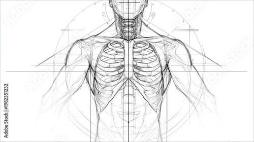 Anatomical sketch displays human torso structure with underlying skeletal framework overlaid with drafting guides