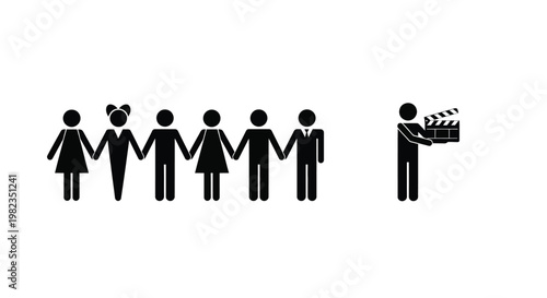 Group of stick figure people holding hands while a director holds a clapperboard for a film production