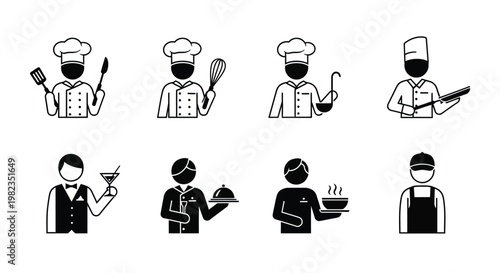 Professional chef and restaurant worker icons collection showing culinary tools and service staff in black simple style