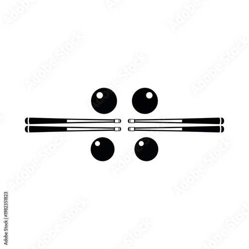 An illustration of four billiard balls and two crossed cues on a flat surface indoors.