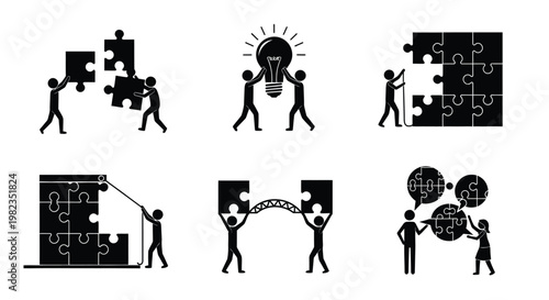 Stick figures working together on puzzle pieces and creative ideas to solve complex business strategy problems today