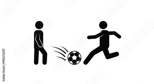 Two black stick figures illustrate a simplified game of football with one figure kicking the ball.