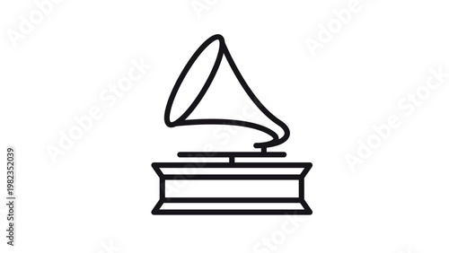Minimalist black vector icon of a vintage gramophone or phonograph, classic music player award symbol illustration, scalable graphic for retro audio design, entertainment, and record industry.