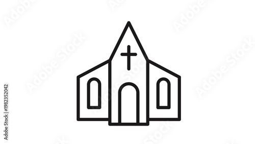 Minimalist black line art vector icon of a Christian church building with a cross, arched door, and windows, isolated on a white background for religious and architectural graphic design.