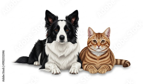 Border Collie dog and tabby cat lying together realistic adorable pets PNG isolated on white