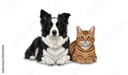 Border Collie dog and tabby cat lying together realistic adorable pets PNG isolated on white